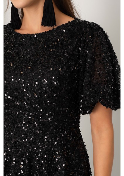 Kadın Siyah Balon Kol Pul Payet Midi Abiye Elbise fırsatları