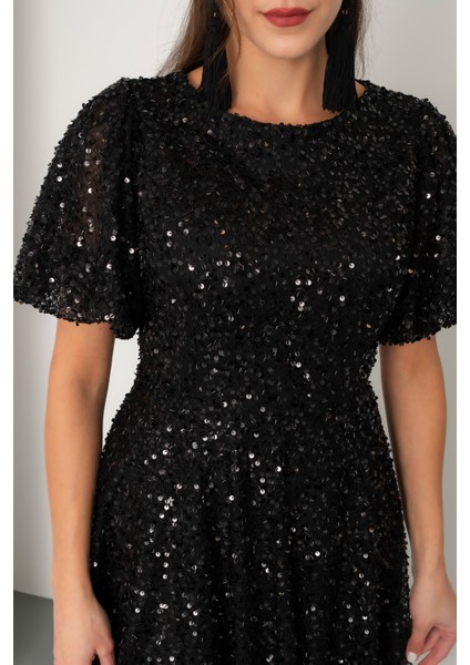 Kadın Siyah Balon Kol Pul Payet Midi Abiye Elbise indirimleri