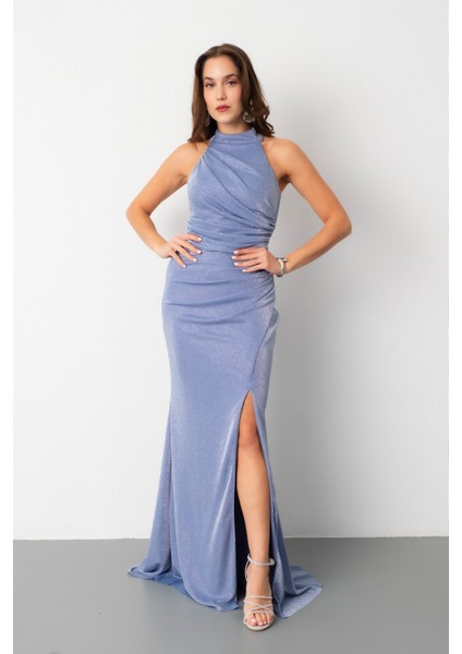 Kadın Indigo Halter Yaka Yırtmaçlı Simli Uzun Abiye Elbise