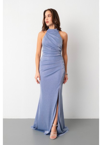 Kadın Indigo Halter Yaka Yırtmaçlı Simli Uzun Abiye Elbise fiyatları