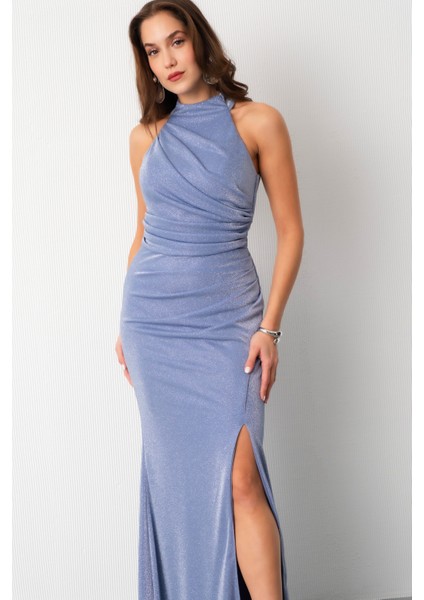 Kadın Indigo Halter Yaka Yırtmaçlı Simli Uzun Abiye Elbise modelleri