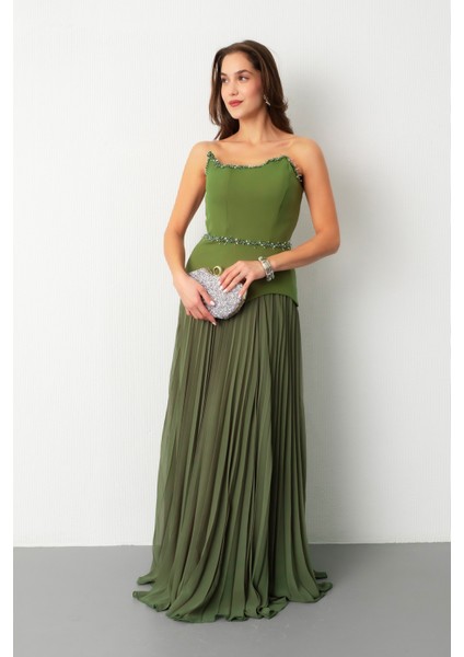 Kadın Haki Straplez Yaka Taşlı Piliseli Uzun Abiye Elbise fiyatları