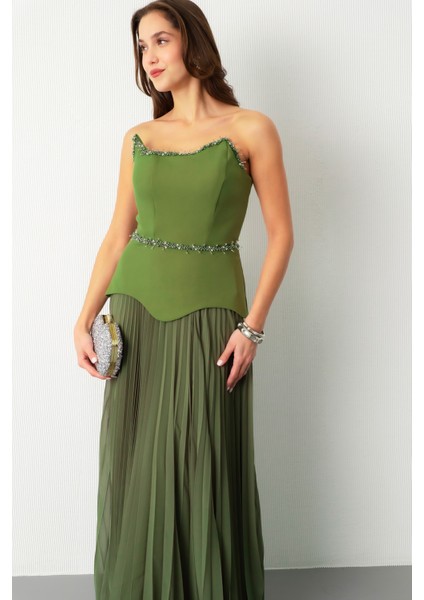 Kadın Haki Straplez Yaka Taşlı Piliseli Uzun Abiye Elbise modelleri
