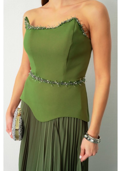 Kadın Haki Straplez Yaka Taşlı Piliseli Uzun Abiye Elbise fırsatları