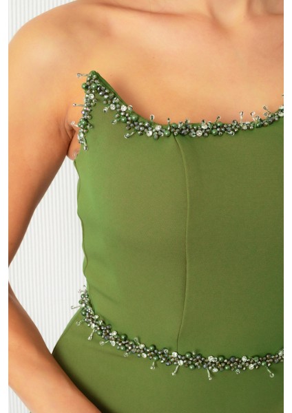 Kadın Haki Straplez Yaka Taşlı Piliseli Uzun Abiye Elbise indirimleri