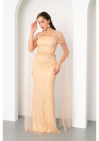 Kadın Gold Şallı Uzun Kol Dik Yaka Boncuklu Uzun Abiye Elbise