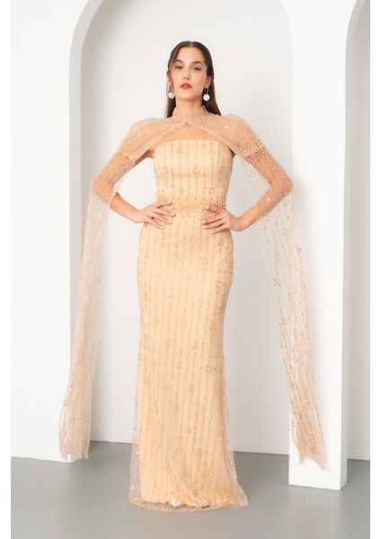 Kadın Gold Şallı Uzun Kol Dik Yaka Boncuklu Uzun Abiye Elbise fiyatları