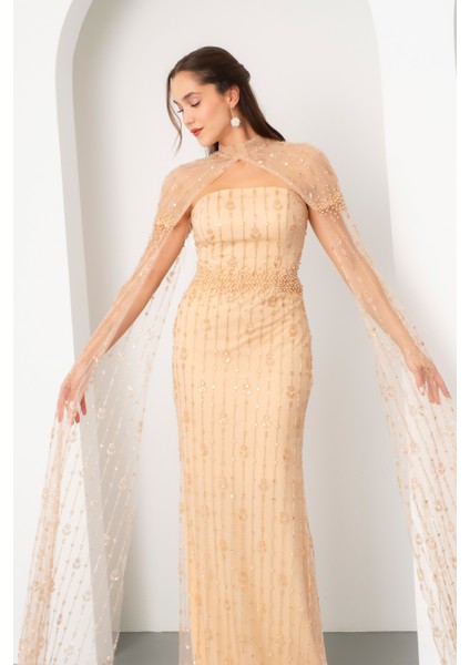 Kadın Gold Şallı Uzun Kol Dik Yaka Boncuklu Uzun Abiye Elbise modelleri