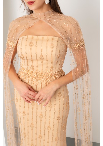 Kadın Gold Şallı Uzun Kol Dik Yaka Boncuklu Uzun Abiye Elbise fırsatları