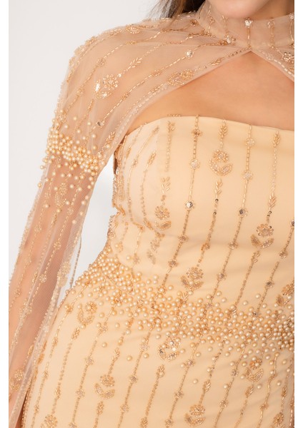 Kadın Gold Şallı Uzun Kol Dik Yaka Boncuklu Uzun Abiye Elbise indirimleri