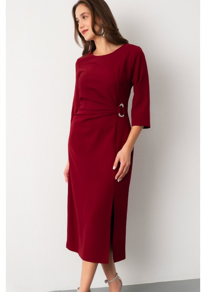 Kadın Bordo Bisiklet Yaka Aksesuar Detay Midi Davet Elbisesi modelleri