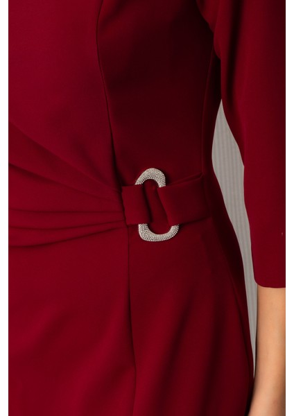 Kadın Bordo Bisiklet Yaka Aksesuar Detay Midi Davet Elbisesi fırsatları