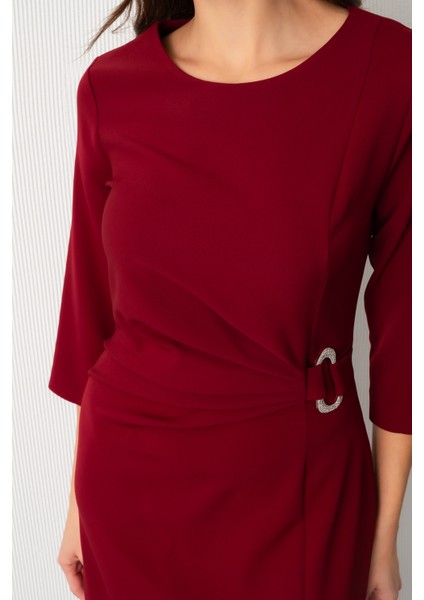 Kadın Bordo Bisiklet Yaka Aksesuar Detay Midi Davet Elbisesi indirimleri