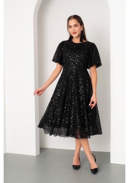 Kadın Siyah Balon Kol Pul Payet Midi Abiye Elbise