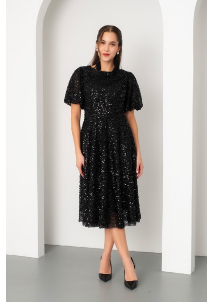 Kadın Siyah Balon Kol Pul Payet Midi Abiye Elbise fiyatları