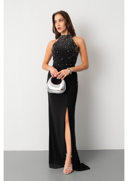 Kadın Siyah Halter Yaka Taşlı Uzun Abiye Elbise