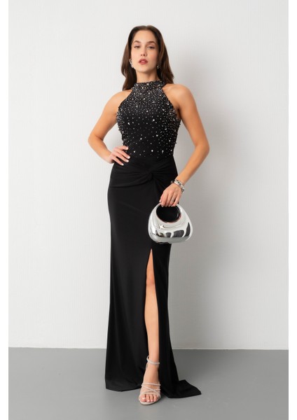Kadın Siyah Halter Yaka Taşlı Uzun Abiye Elbise fiyatları