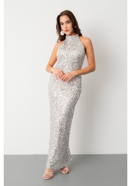 Kadın Gümüş Halter Yaka Pul Payet Uzun Abiye Elbise