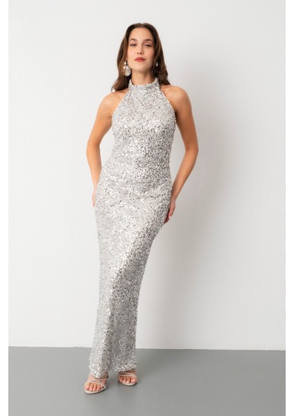Kadın Gümüş Halter Yaka Pul Payet Uzun Abiye Elbise fiyatları