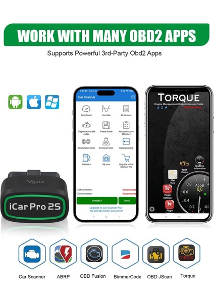 Pro 2s Bluetooth 5.2 O b d 2 Araç Tarama Aracı, Iphone, Android ve Windows Için modelleri