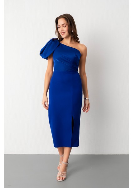 Kadın Saks Organze Detay Midi Söz Nişan Nikah Abiye Elbise