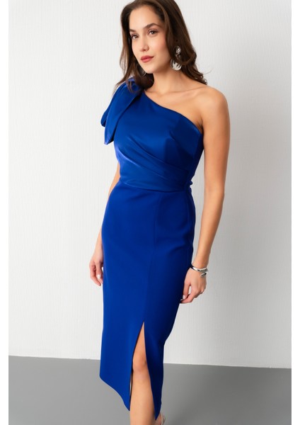 Kadın Saks Organze Detay Midi Söz Nişan Nikah Abiye Elbise fiyatları