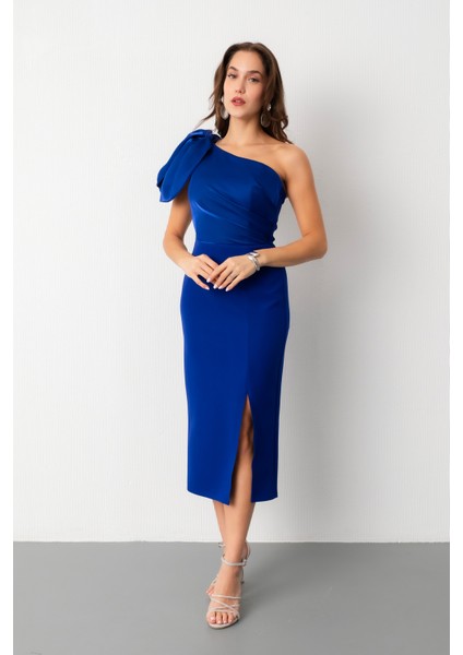 Kadın Saks Organze Detay Midi Söz Nişan Nikah Abiye Elbise modelleri