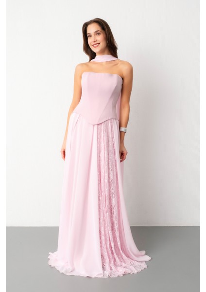 Kadın Pudra Straplez Yaka Piliseli Dantel Detay Uzun Abiye Elbise fiyatları