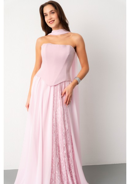 Kadın Pudra Straplez Yaka Piliseli Dantel Detay Uzun Abiye Elbise modelleri