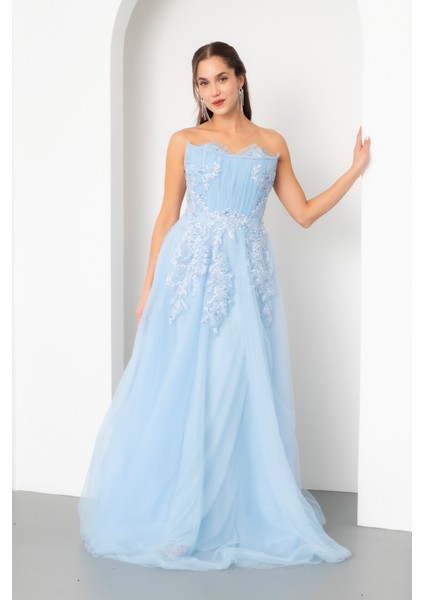 Kadın Bebe Mavi Straplez Güpürlü Uzun Tül Abiye Elbise