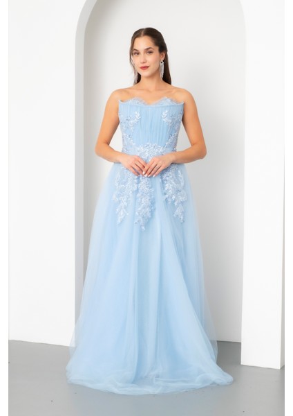 Kadın Bebe Mavi Straplez Güpürlü Uzun Tül Abiye Elbise fiyatları