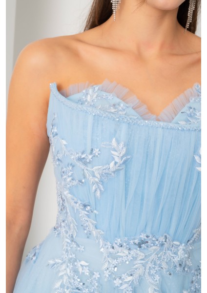 Kadın Bebe Mavi Straplez Güpürlü Uzun Tül Abiye Elbise indirimleri