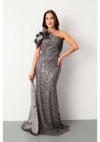 Kadın Gri Boncuklu Tek Omuz Fiyonk Detay Kuyruklu Uzun Abiye fiyatları