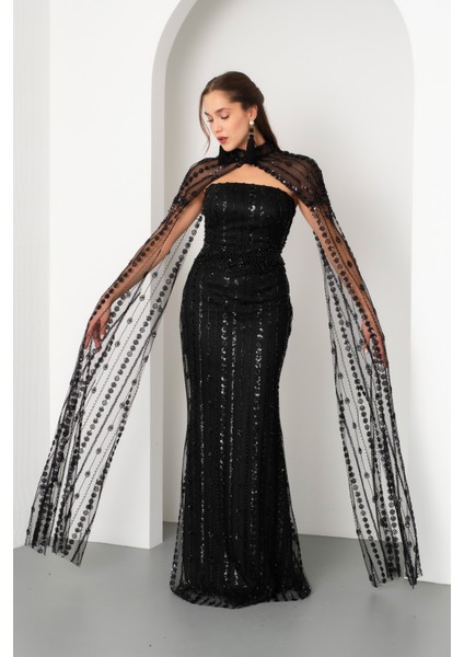 Kadın Siyah Şallı Uzun Kol Dik Yaka Boncuklu Uzun Abiye Elbise