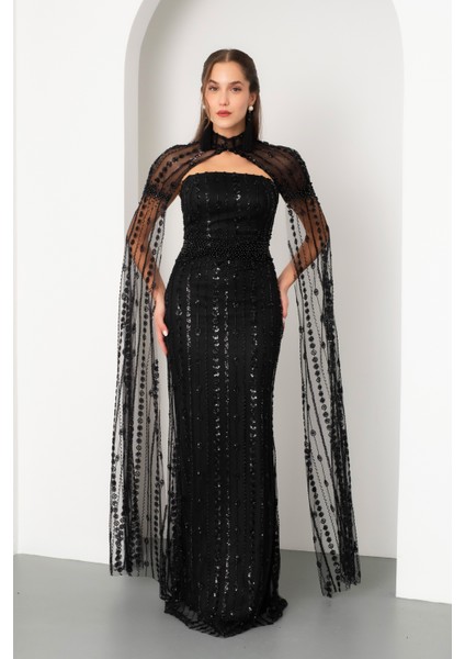 Kadın Siyah Şallı Uzun Kol Dik Yaka Boncuklu Uzun Abiye Elbise fiyatları