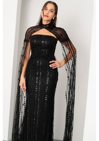 Kadın Siyah Şallı Uzun Kol Dik Yaka Boncuklu Uzun Abiye Elbise modelleri