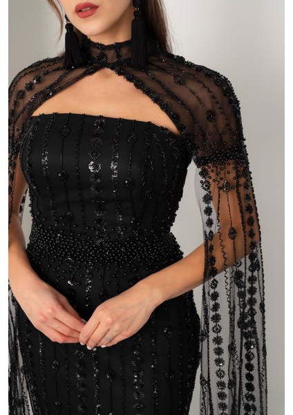 Kadın Siyah Şallı Uzun Kol Dik Yaka Boncuklu Uzun Abiye Elbise fırsatları