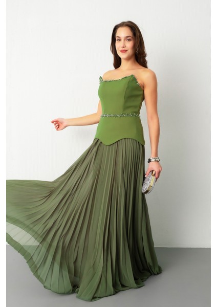 Kadın Haki Straplez Yaka Taşlı Piliseli Uzun Abiye Elbise