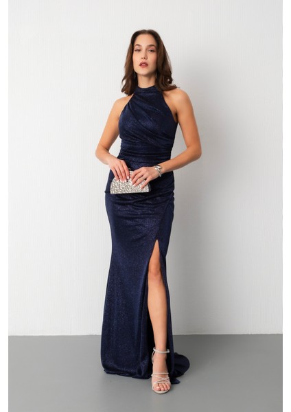 Kadın Lacivert Halter Yaka Yırtmaçlı Simli Uzun Abiye Elbise fiyatları