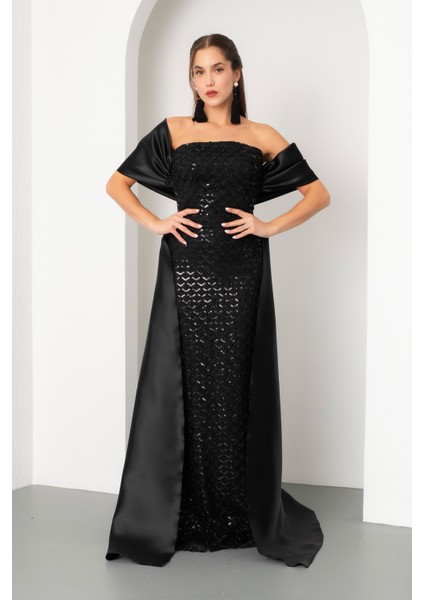 Kadın Siyah Straplez Boncuklu Saten Kuyruklu Uzun Abiye fiyatları