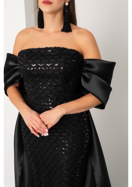 Kadın Siyah Straplez Boncuklu Saten Kuyruklu Uzun Abiye fırsatları