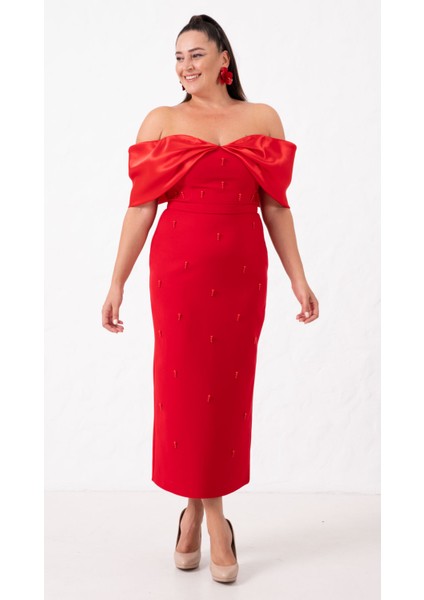 Kadın Kırmızı Kayık Yaka Incili Söz Nişan Nikah Abiye Elbise