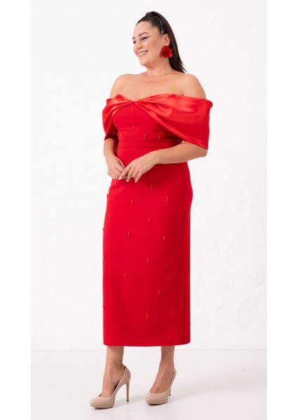 Kadın Kırmızı Kayık Yaka Incili Söz Nişan Nikah Abiye Elbise fiyatları