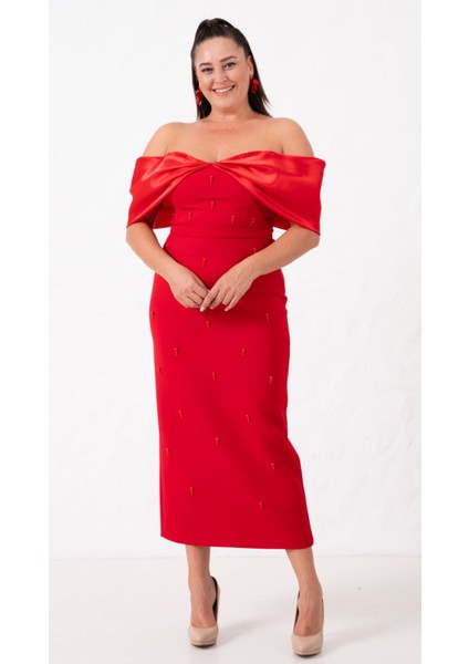 Kadın Kırmızı Kayık Yaka Incili Söz Nişan Nikah Abiye Elbise modelleri