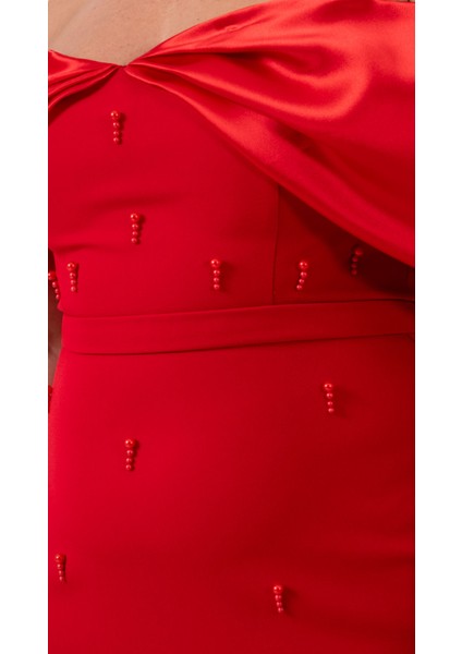 Kadın Kırmızı Kayık Yaka Incili Söz Nişan Nikah Abiye Elbise fırsatları