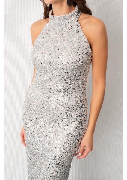 Kadın Gümüş Halter Yaka Pul Payet Uzun Abiye Elbise fırsatları