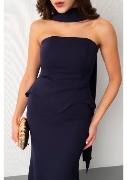 Kadın Lacivert Şal Yaka Straplez Söz Nişan Balık Abiye Elbise indirimleri