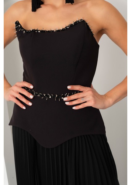 Kadın Siyah Straplez Yaka Taşlı Piliseli Uzun Abiye Elbise fırsatları