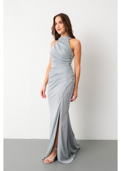 Kadın Mint Yeşili Halter Yaka Yırtmaçlı Simli Uzun Abiye Elbise fiyatları