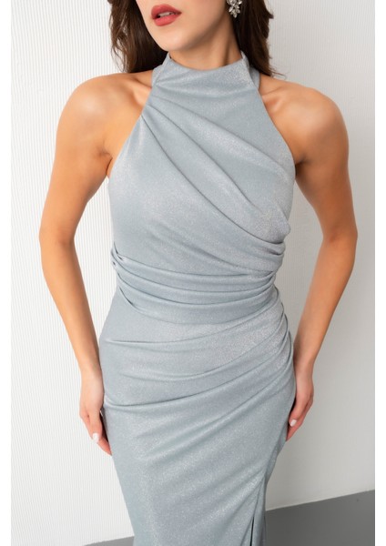 Kadın Mint Yeşili Halter Yaka Yırtmaçlı Simli Uzun Abiye Elbise indirimleri